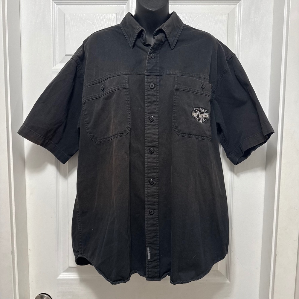 Harley Davidson Motorcycles Black Short Sleeve Button Up Work Shirt Mens XL